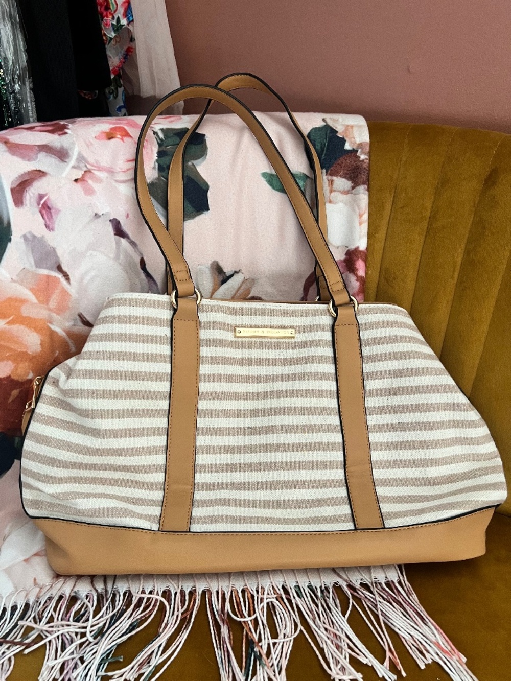 Poppy & Peonies Beige and Taupe Striped Tote Bag